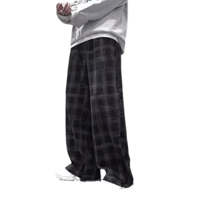 Japanese retro plaid trousers in straight-leg design with mid-waist fit