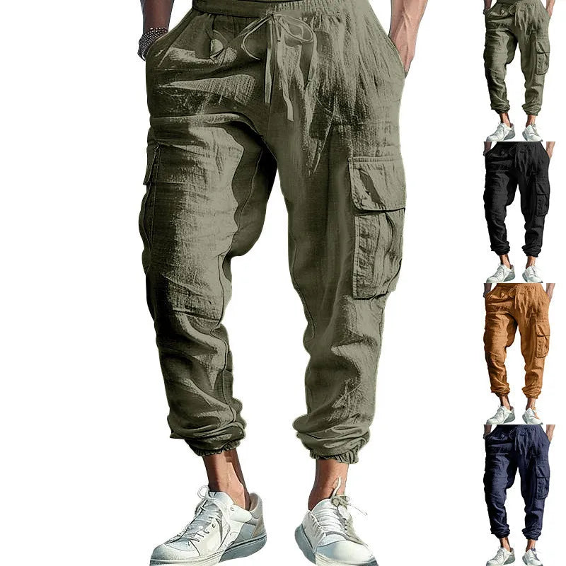 Men's linen casual trousers with adjustable ankle ties and four pockets in khaki colour