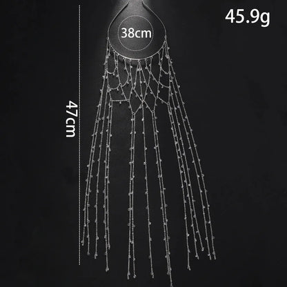Gold mesh tassel headband with central rhinestone cluster for formal hairstyles
