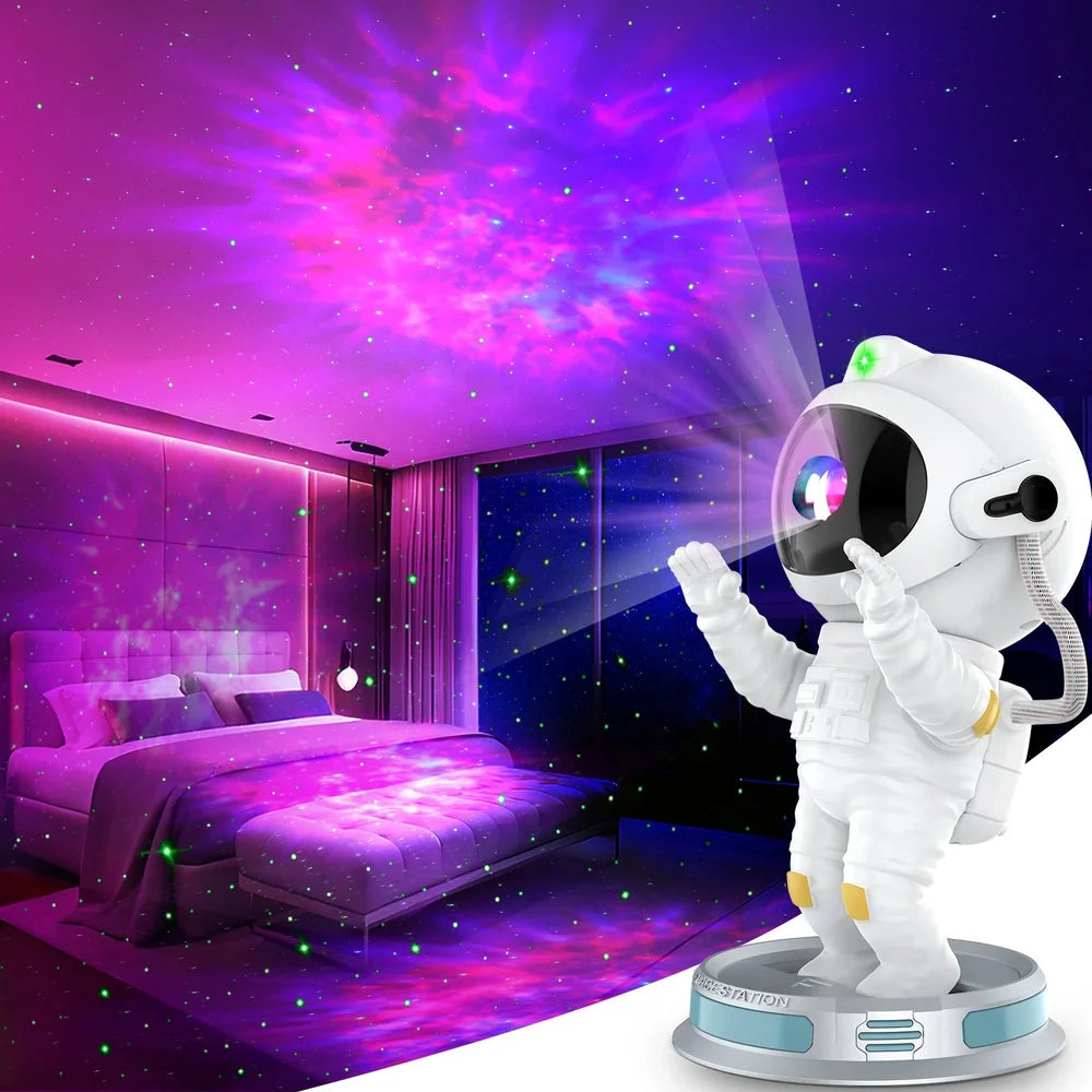 White enamel astronaut starlight projection lamp on base, projecting northern lights and stars, size 22.5 x 12.5 x 12.5cm, USB powered