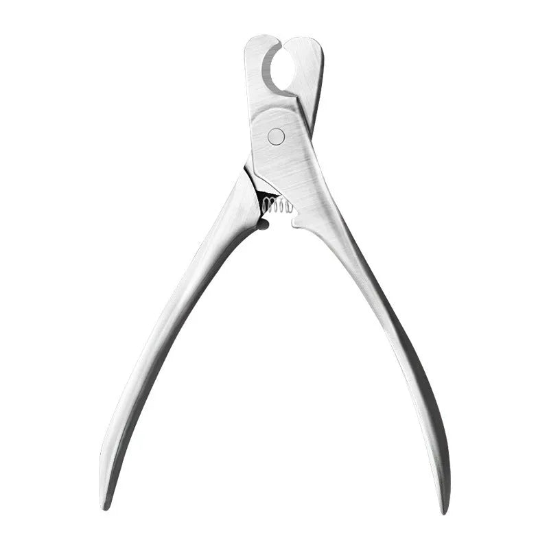 Silver professional pet nail clipper with stainless steel blades and finger grip handle for dog and cat grooming