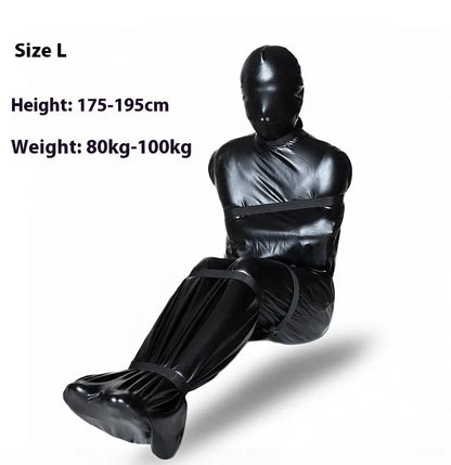Black patent leather bondage harness set with six ratchet tie-down straps arranged for display