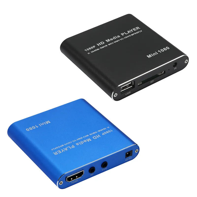 1080p Full HD media player in black metal case with SD card slot, USB port and HDMI output