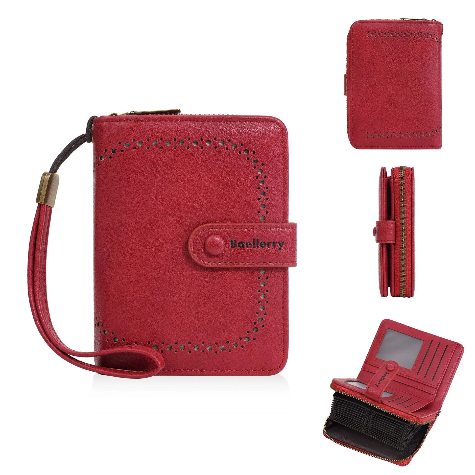Women's black PU leather zip coin purse wallet with integrated card slots lying flat.