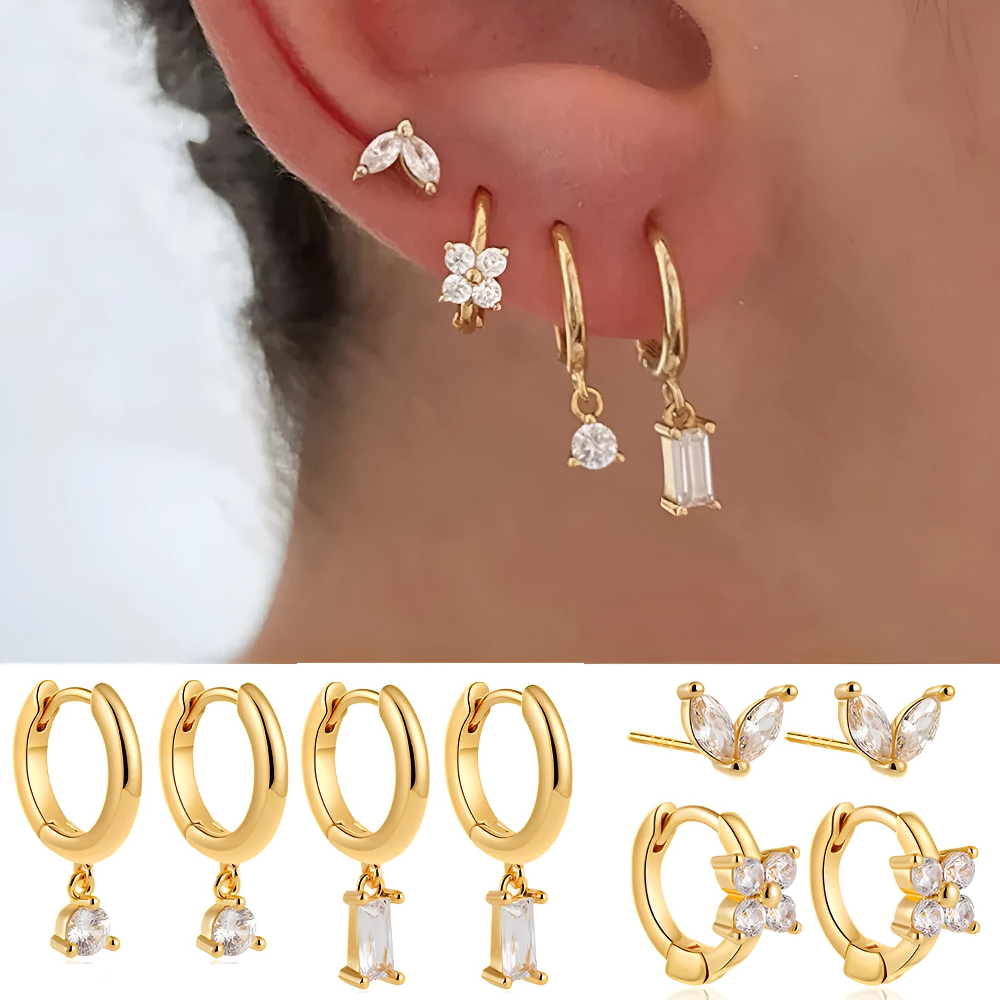 Set of four pairs of geometric copper earrings with zircon stones in gold or silver electroplated finish.