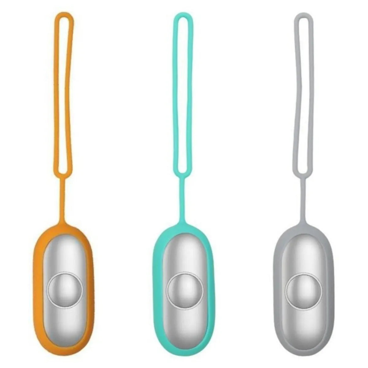 Hand-held micro-current sleep aid device in grey, green, or orange with round button and USB charging port