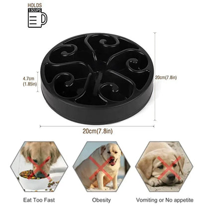 Coloured plastic dog slow feeder bowl showing internal maze pattern and ridges, with wide non-slip base