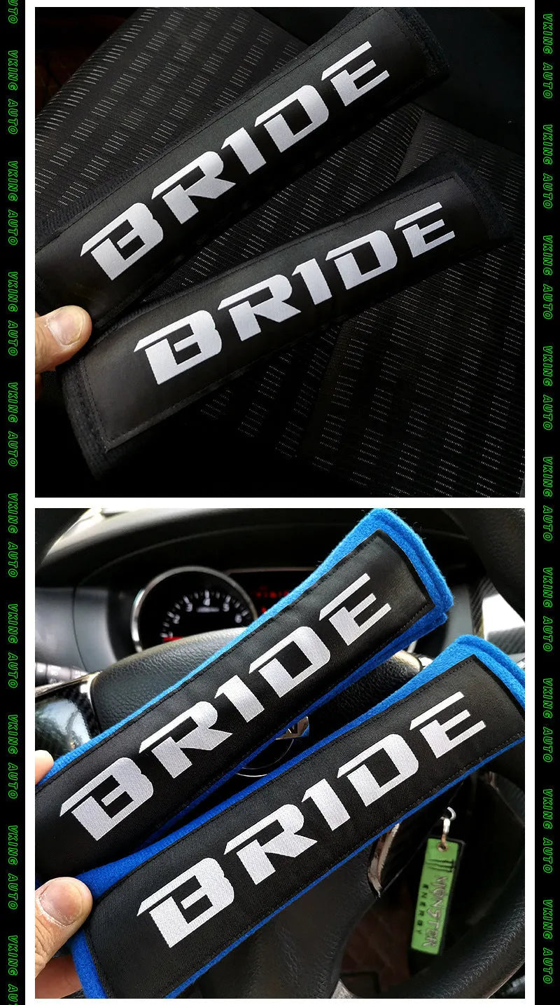 Car seat belt shoulder pad protectors in black, blue, and red colours with embroidered woven detailing