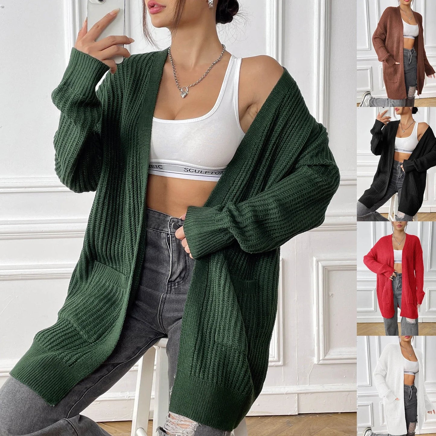 Women's dark green acrylic cardigan with two pockets and 65cm length