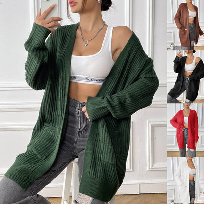 Women's dark green acrylic cardigan with two pockets and 65cm length