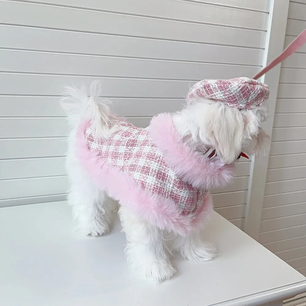 Pink cat costume with beret, cape, and hand-holding rope in polyester material