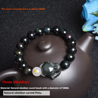 Natural obsidian stone bracelet with 10mm beads in gold, silver or black zodiac guardian styles