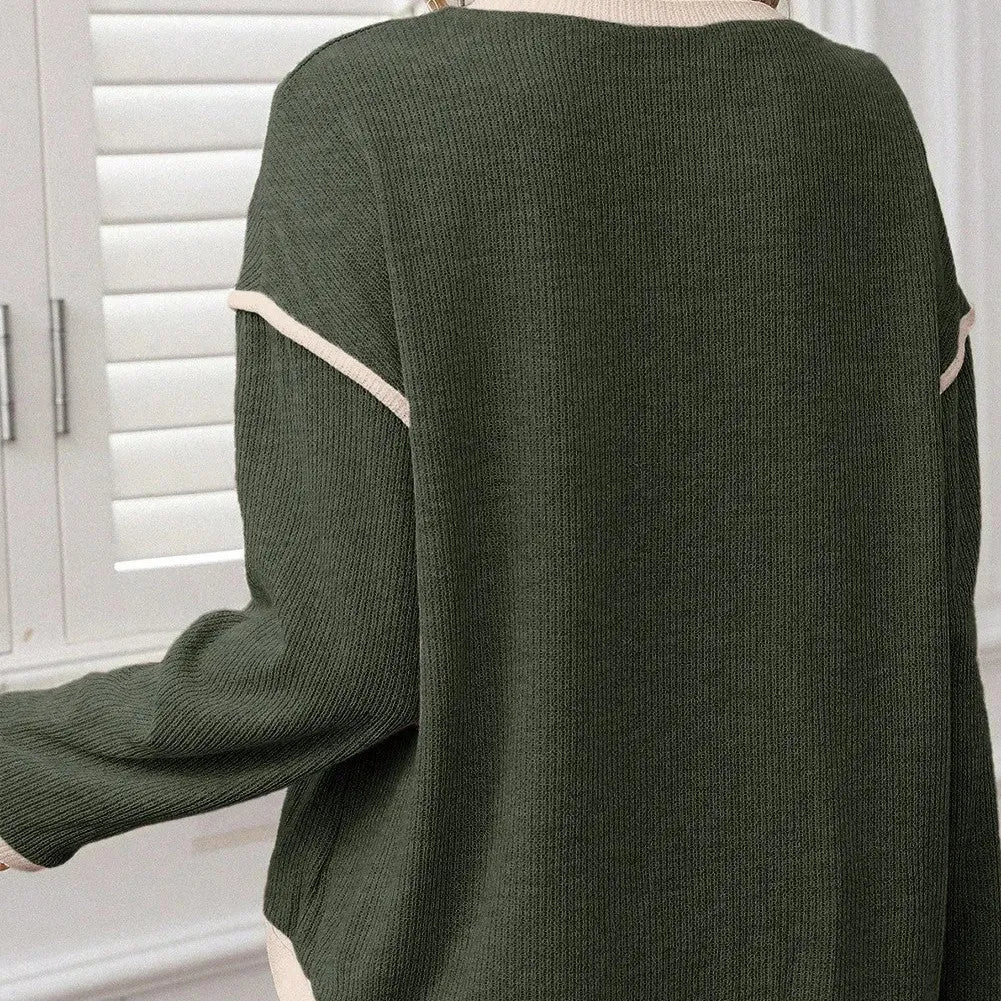 Women's drop shoulder loose knit top with contrast trim in four leaf clover colour