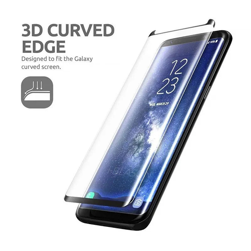 3D Allglue tempered glass screen protector for Samsung Galaxy phones on a black background.