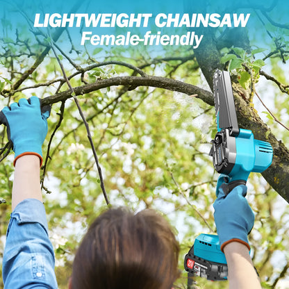 Handheld wireless electric chainsaw with 6-inch chain, batteries, safety goggles, gloves, and storage box