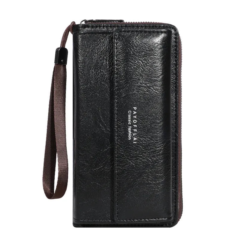 Men's black PU leather wallet showing multiple card slots and 19x10.5x4cm dimensions