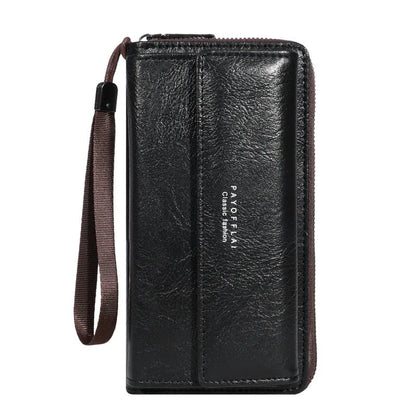 Men's black PU leather wallet showing multiple card slots and 19x10.5x4cm dimensions