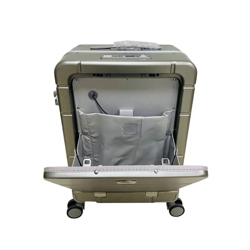 20-inch front opening suitcase in titanium silver colour with universal wheels and a separate compartment.