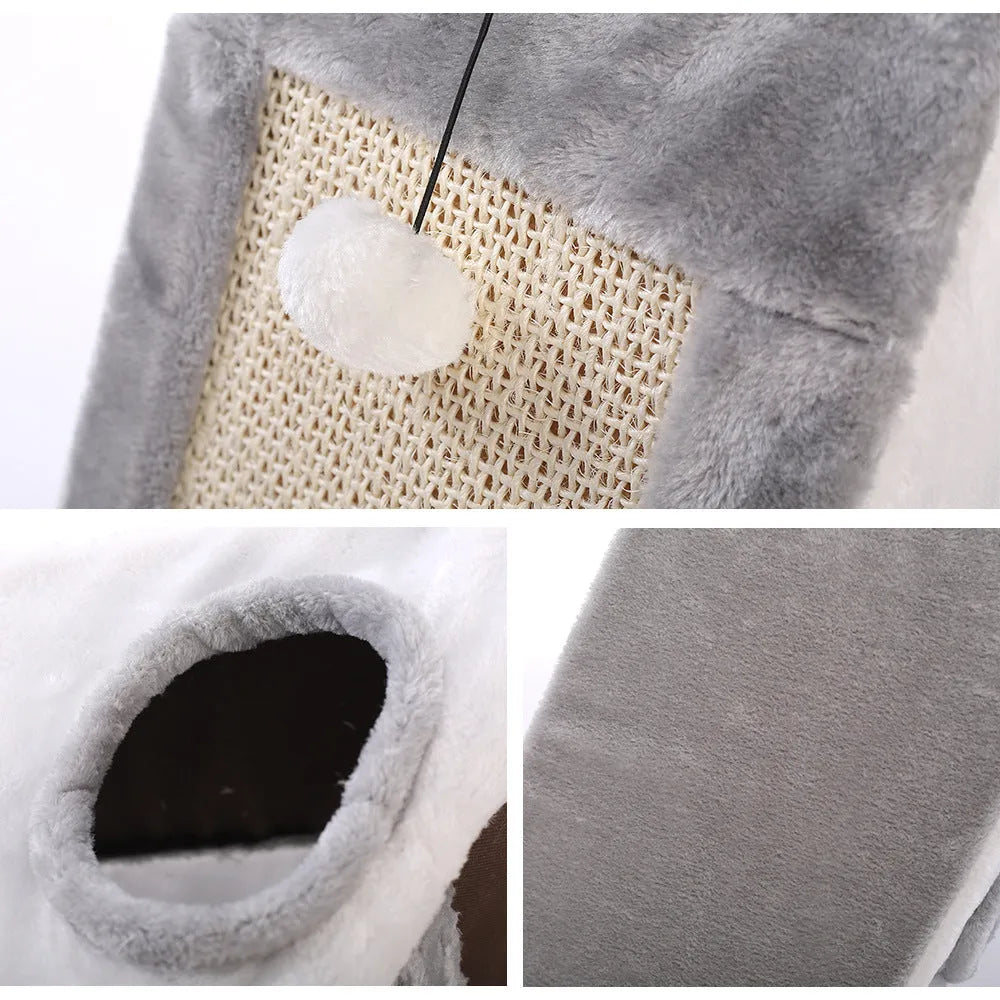 Grey and white triangle-shaped cat scratching post with an integrated soft cat bed.