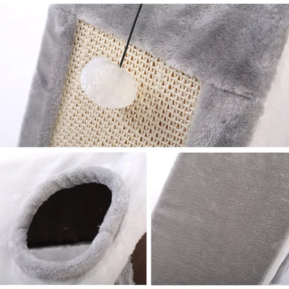 Grey and white triangle-shaped cat scratching post with an integrated soft cat bed.
