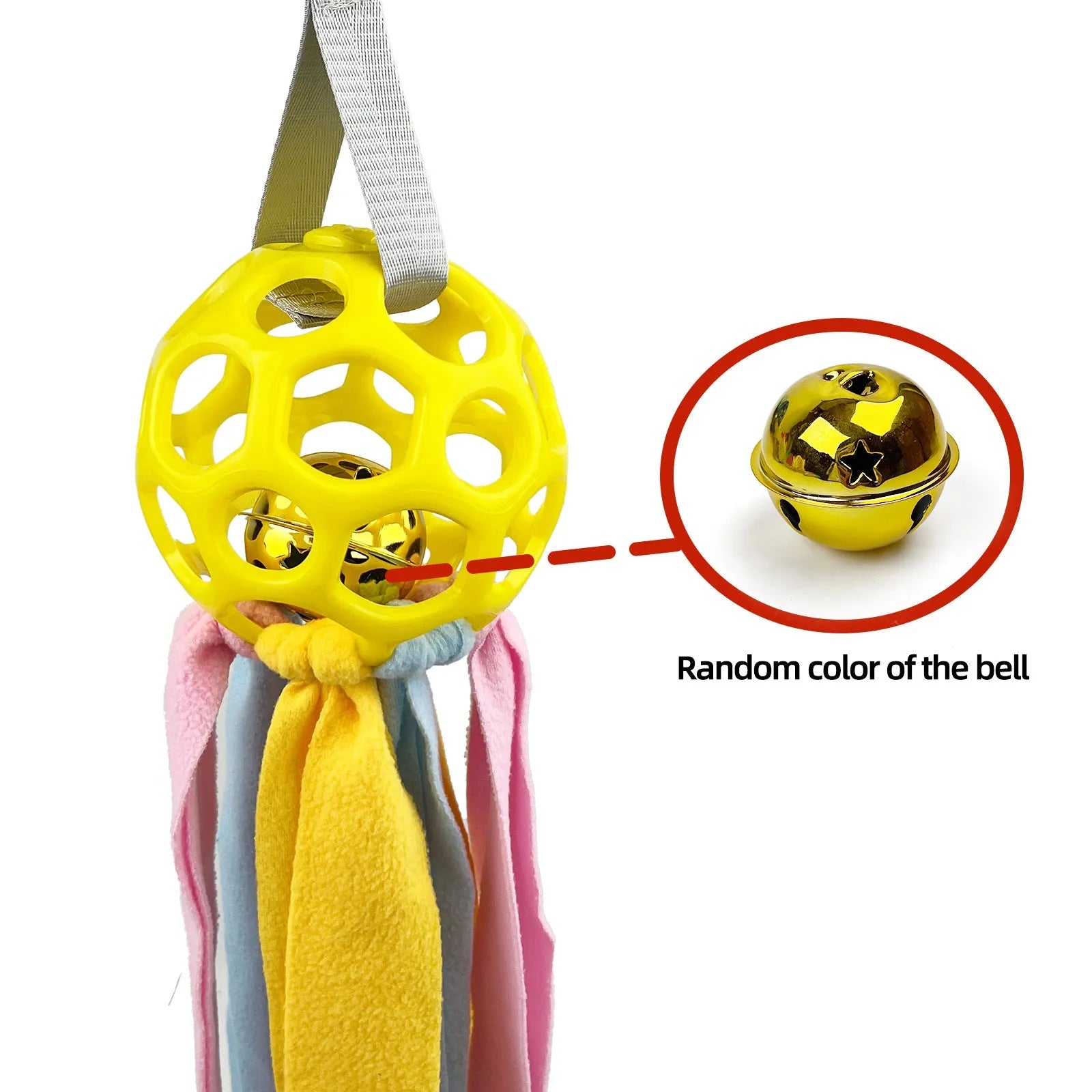 Colourful hollow TPR ball pet toy with a bell inside for dogs and cats.
