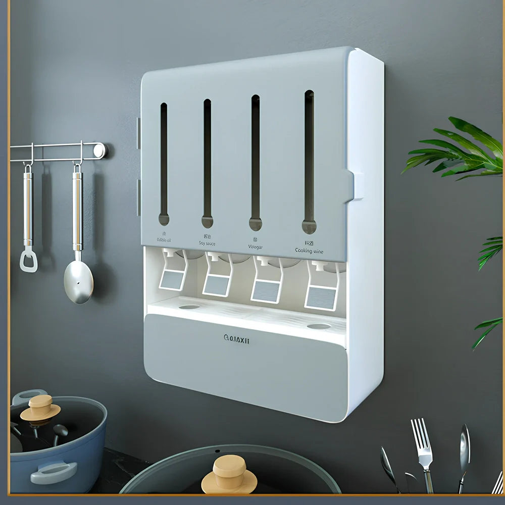 Wall-mounted grey seasoning box with four liquid and four powder compartments measuring 30x42x7cm