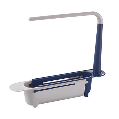 Telescopic plastic kitchen sink drain rack with multi-coloured modular baskets.