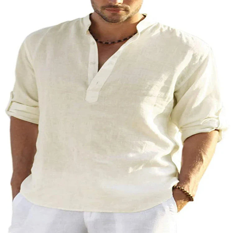 Stylish men's linen shirt with stand collar in various colours and sizes