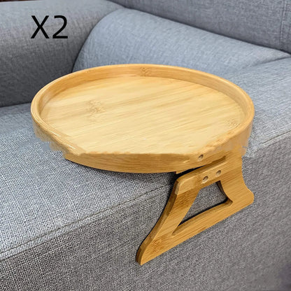 Wooden clip-on sofa tray table with carving design in bamboo colour on armrest