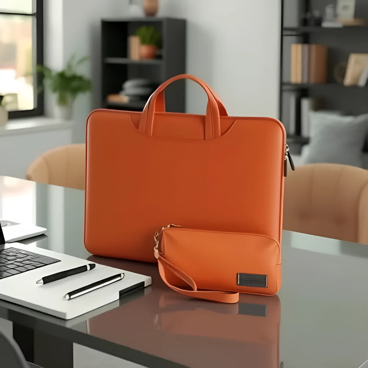 PU leather laptop bag with power bank storage compartment in black, brown, pink or dark grey