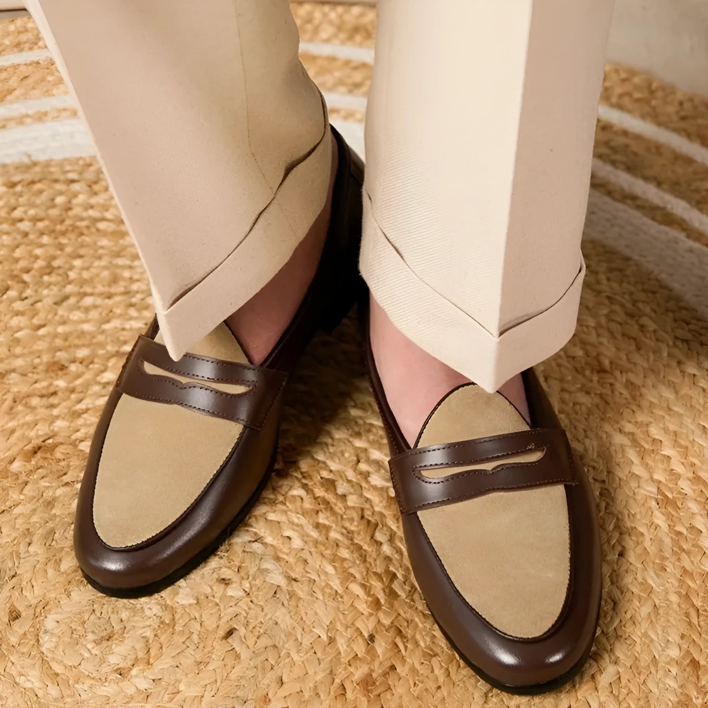Men's coffee grey suede leather loafers with a kick-on closure, shown on a white background.