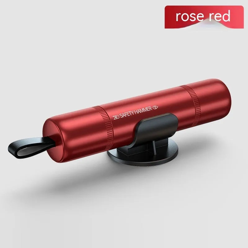 Aluminium alloy car safety hammer with a hardened steel tip for breaking windows and cutting seatbelts.