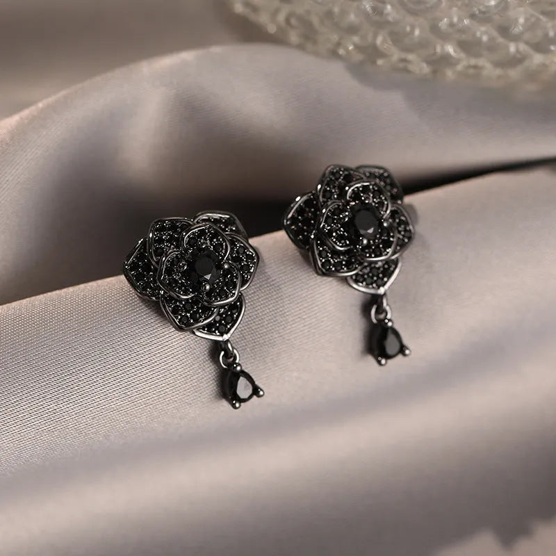 Black rose zircon flower stud earrings for women with 18K gold electroplating