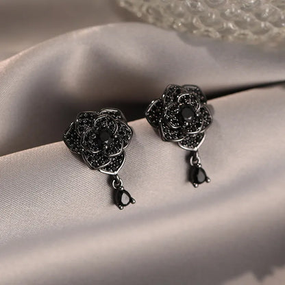 Black rose zircon flower stud earrings for women with 18K gold electroplating