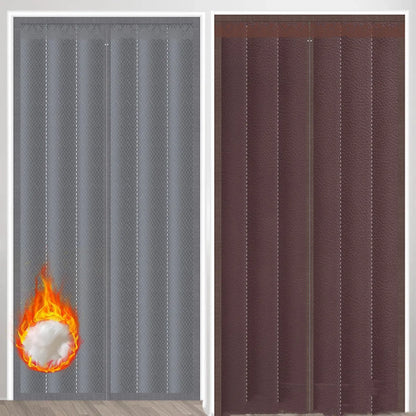 Full seam long magnetic strip cotton door curtain in Oxford cloth with vertical stripes, showing magnetic edges for sealing doorways