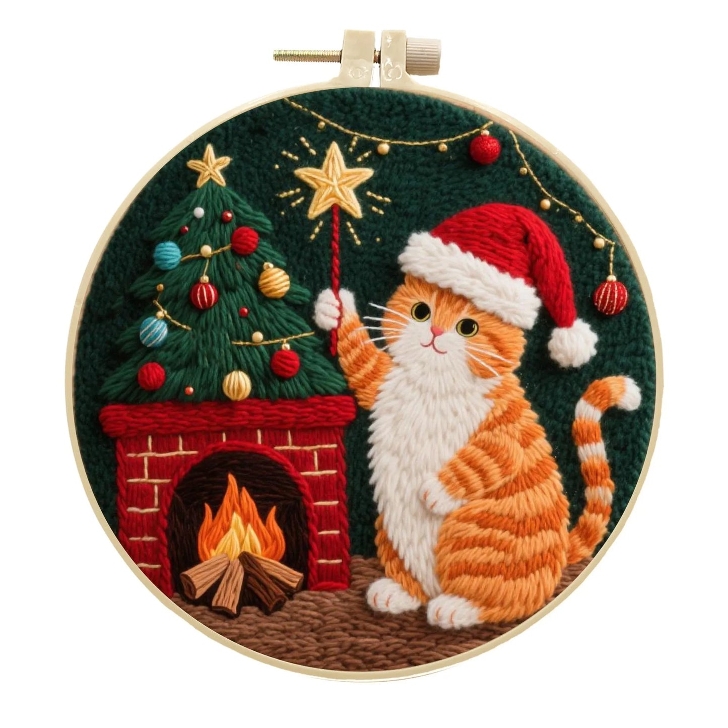 Cat embroidery DIY kit with autumn fruit design on fabric and a 20cm imitation bamboo embroidery frame