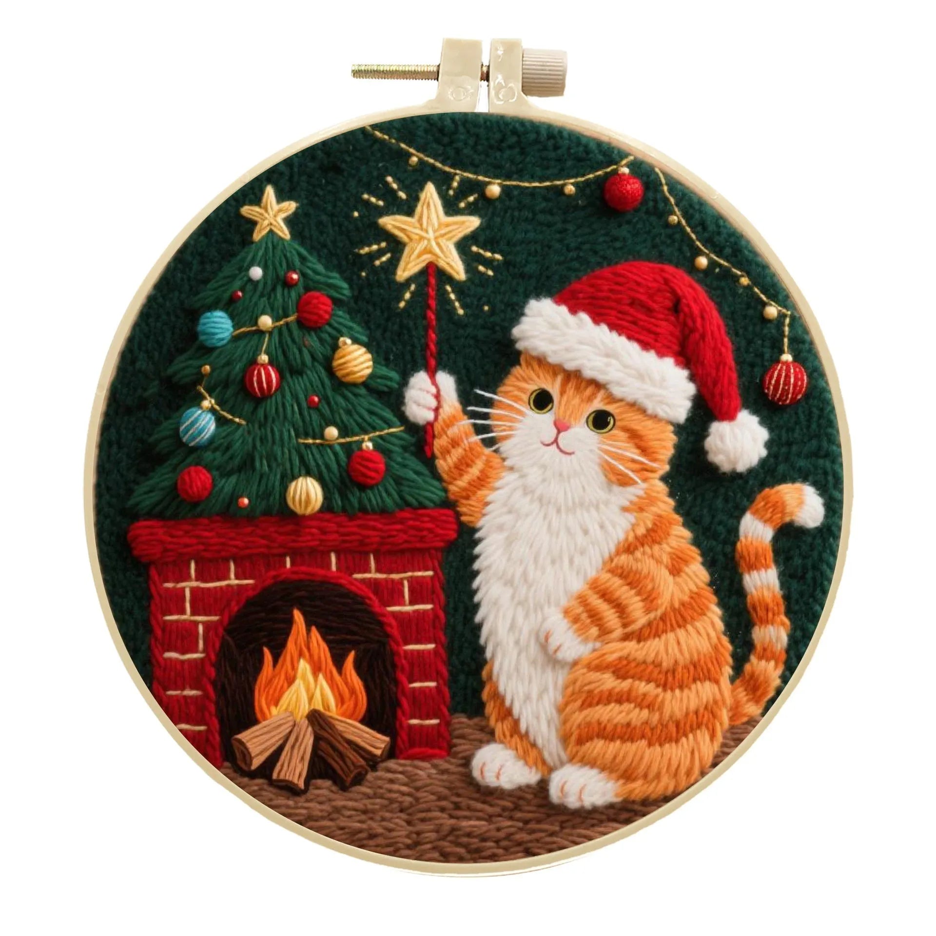 Cat embroidery DIY kit with autumn fruit design on fabric and a 20cm imitation bamboo embroidery frame