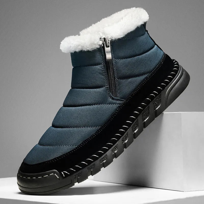 Men's plus size snow boot in black with round toe, flat heel, and rubber sole.