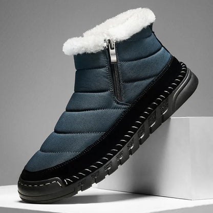 Men's plus size snow boot in black with round toe, flat heel, and rubber sole.
