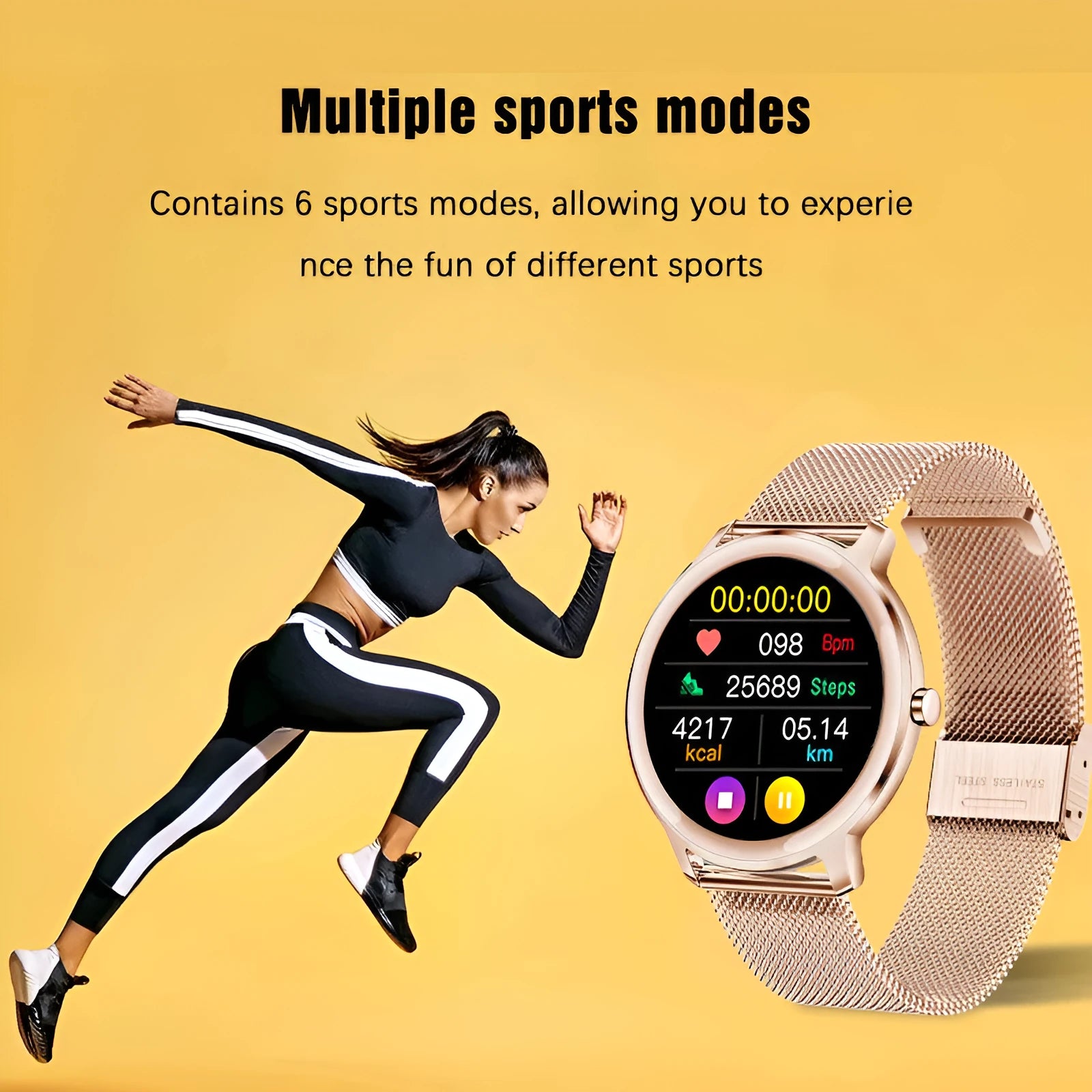 Women's rose gold smart watch with stainless steel mesh band on wrist, showing time on 1.3 inch screen