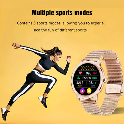 Women's rose gold smart watch with stainless steel mesh band on wrist, showing time on 1.3 inch screen