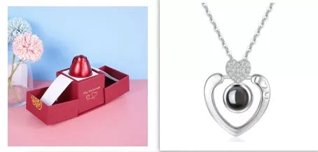 Valentine's Day Metal Rose Jewelry Gift Box Necklace with adjustable crystal necklace and maroon gift box