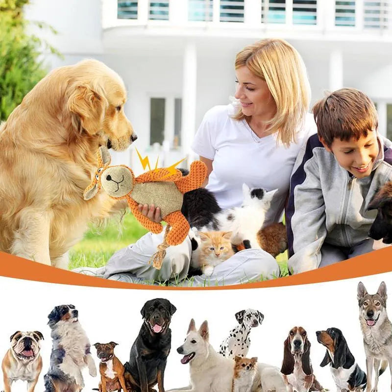 Plush dog squeaky chew toy in animal shape options: donkey, elephant, orangutan, or rabbit.