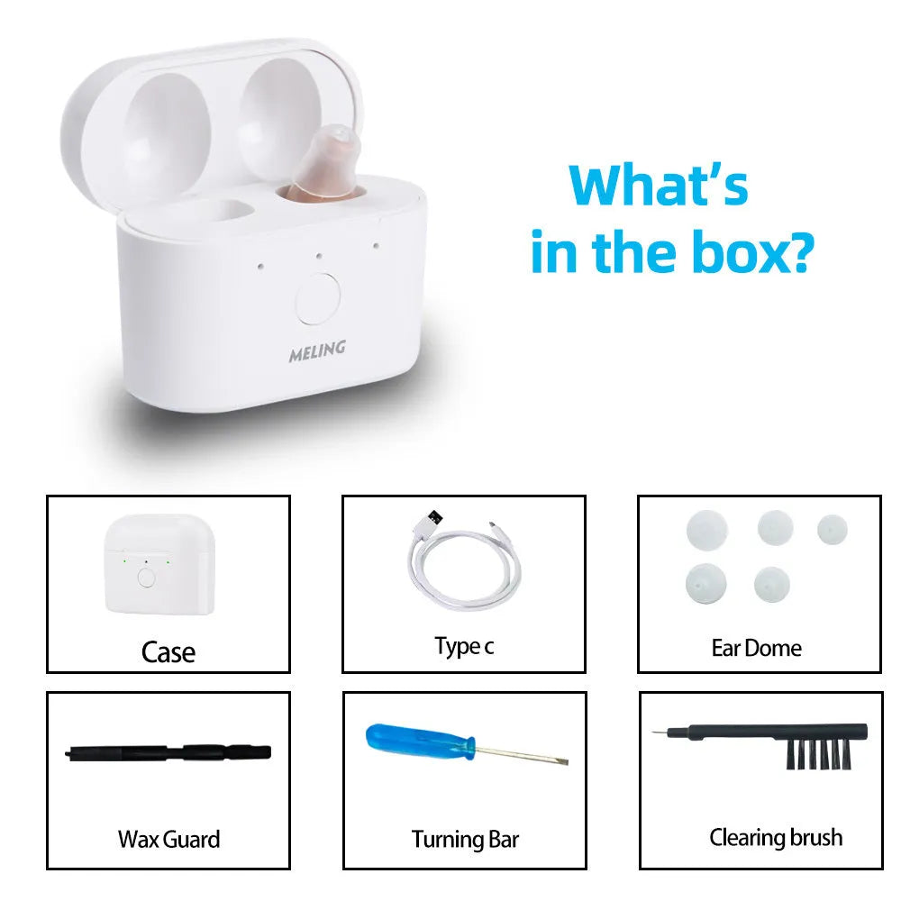 Rechargeable hearing aids with magnetic charging case in beige and red/blue colour options
