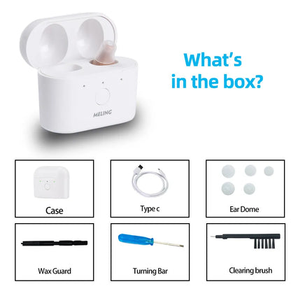 Rechargeable hearing aids with magnetic charging case in beige and red/blue colour options