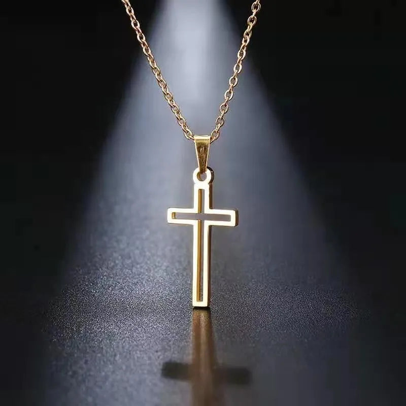 Unisex hip hop cross necklace with titanium steel pendant and stainless steel cross chain in steel or gold