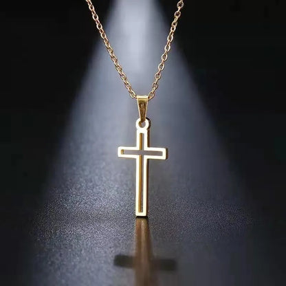 Unisex hip hop cross necklace with titanium steel pendant and stainless steel cross chain in steel or gold