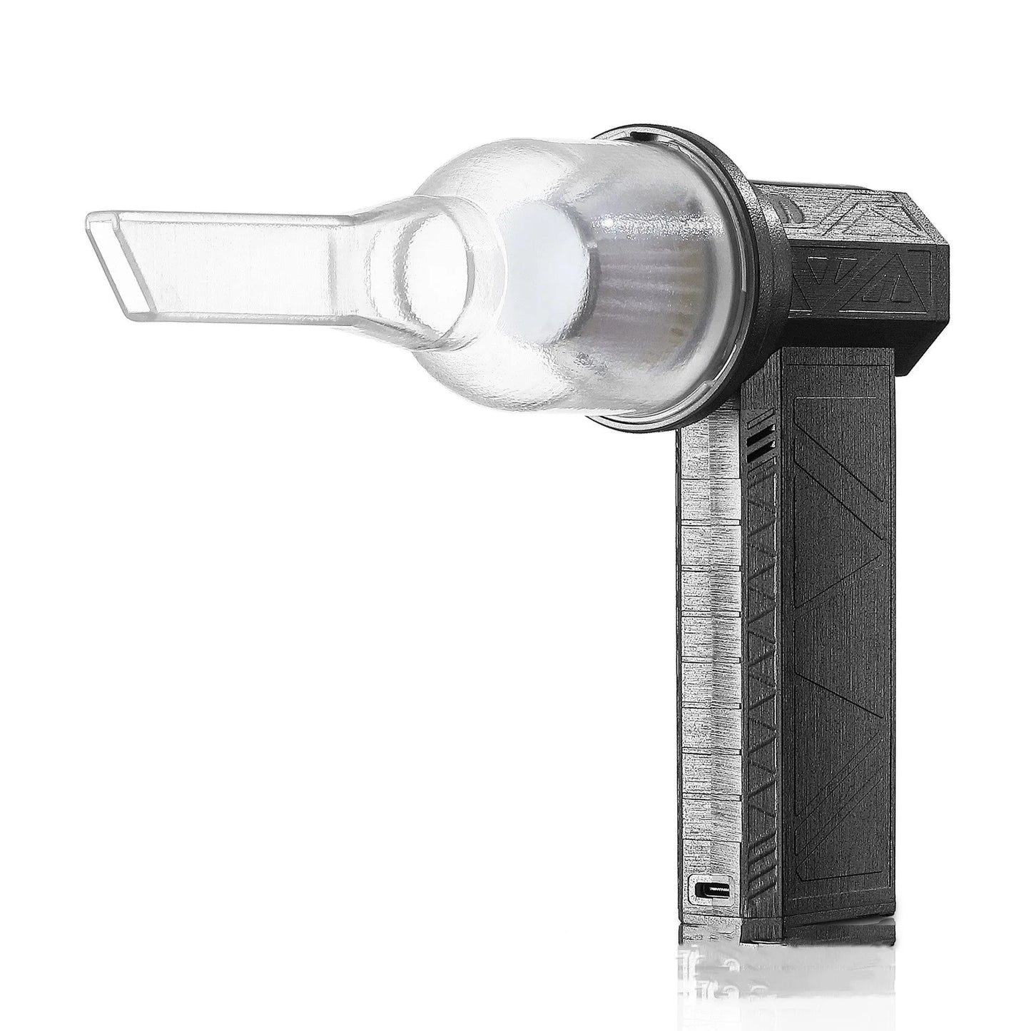 Iron grey cordless handheld turbo fan air duster with brushless motor on a workbench.
