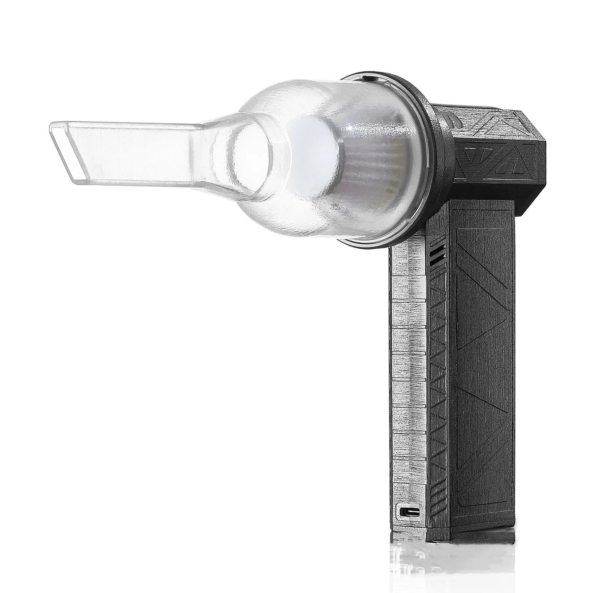 Iron grey cordless handheld turbo fan air duster with brushless motor on a workbench.