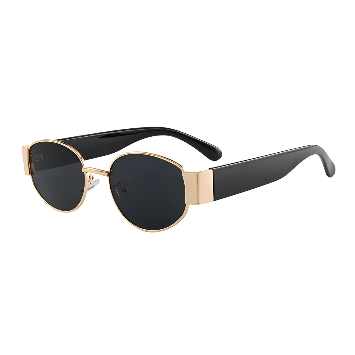Small round sunglasses with plastic and metal frame, AC lenses, and UV400 anti-UV grade, shown in gold or silver colour options